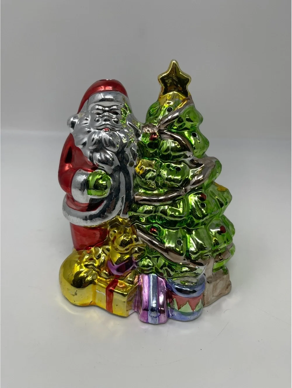 Vintage Style Metallic Santa Claus & Christmas Tree Ceramic Tea Light Holder